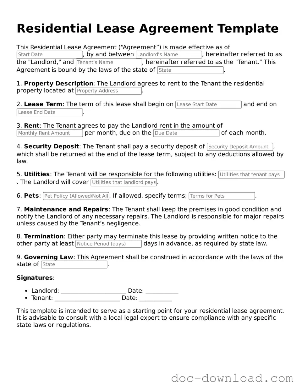 Printable Residential Lease Agreement Template