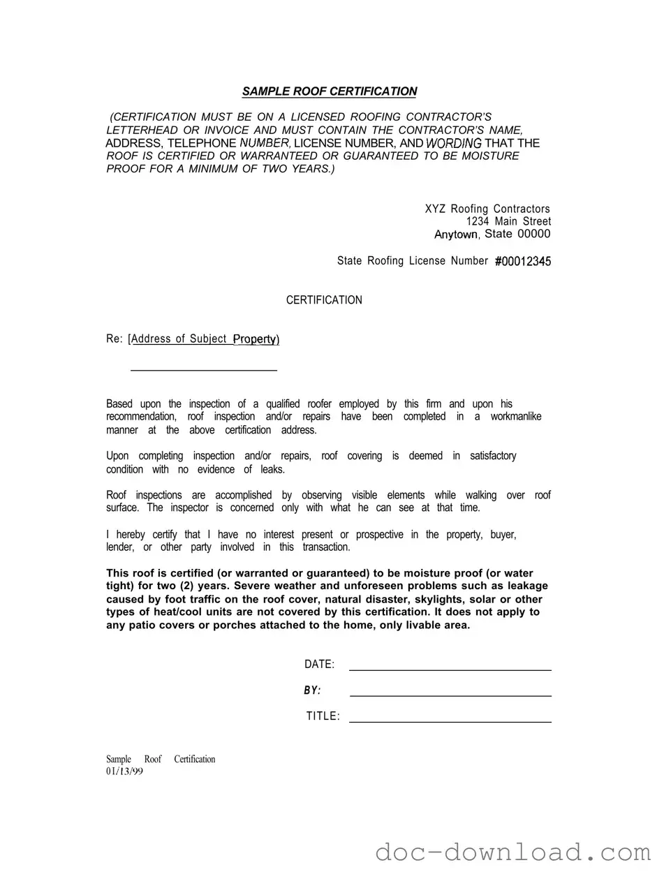 Fill Out Your Sample Roof Certification Template