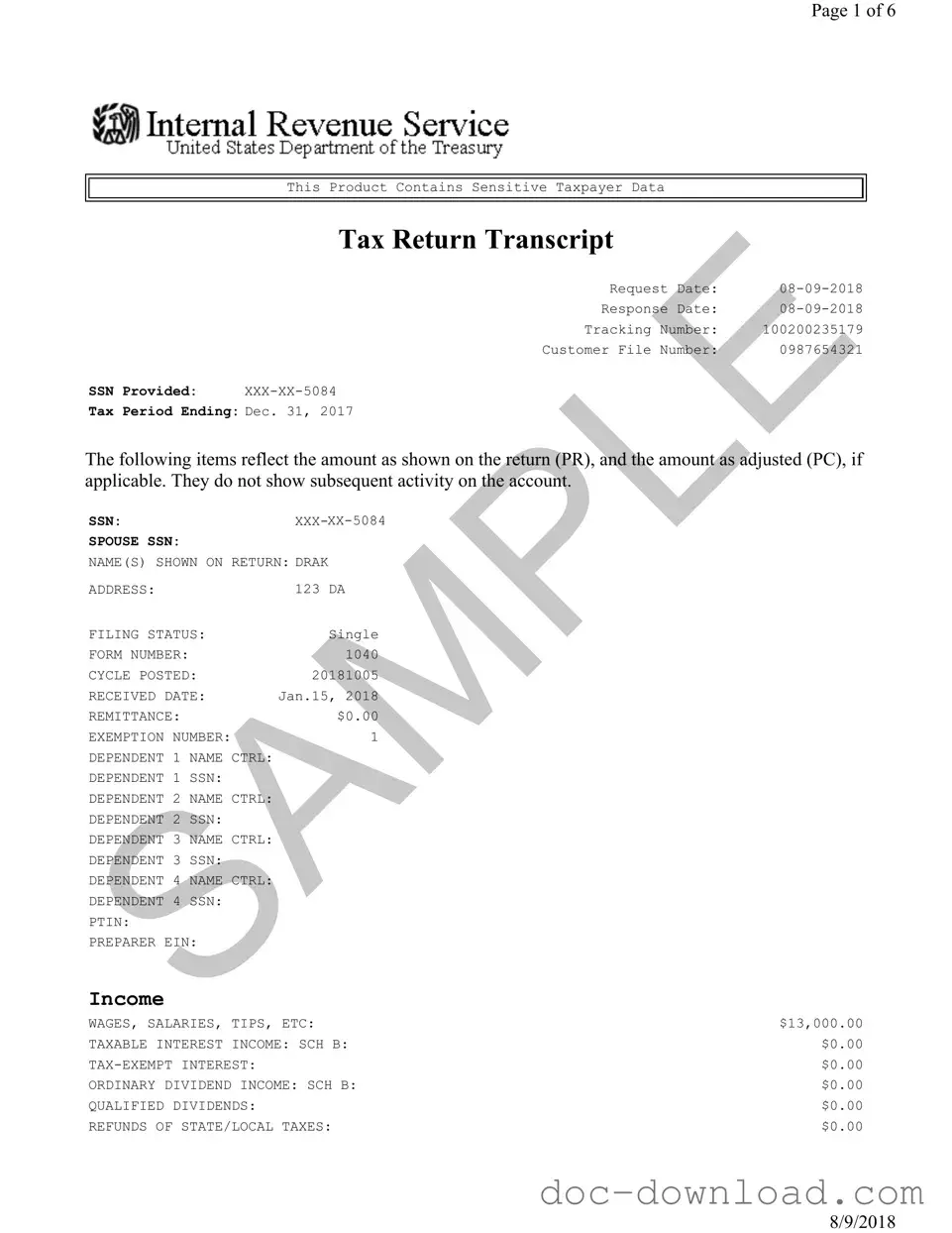 Fill Out Your Sample Tax Return Transcript Template
