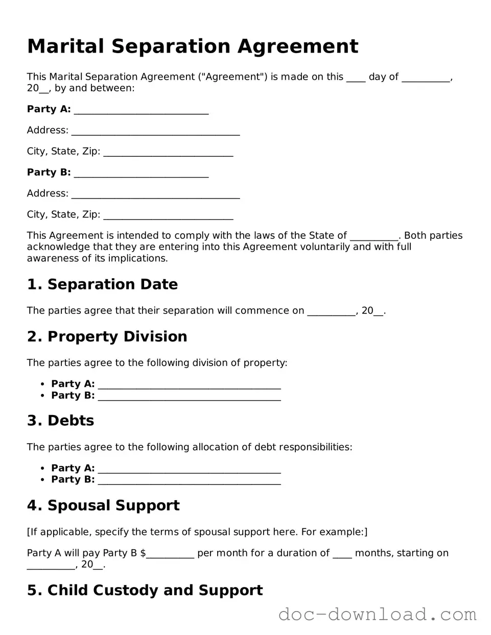 Printable Marital Separation Agreement Template