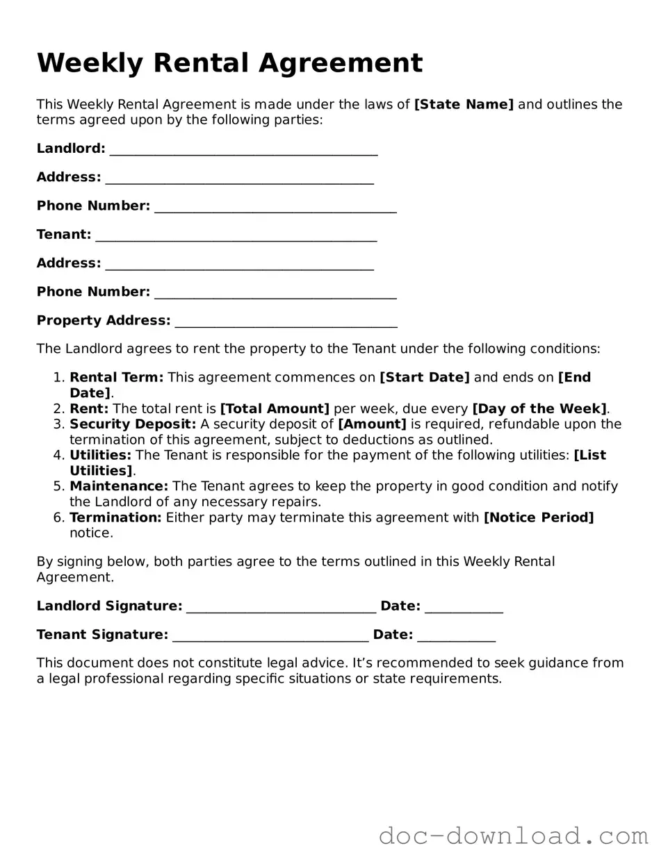 Printable Weekly Rental Agreement Template
