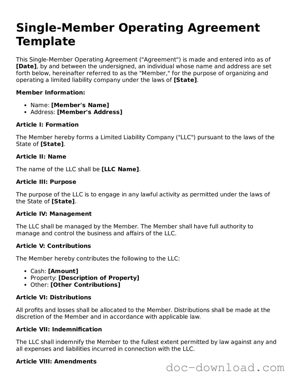 Printable Single-Member Operating Agreement Template