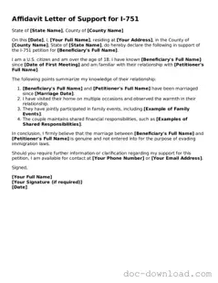Printable Affidavit Letter of Support for I-751 Template