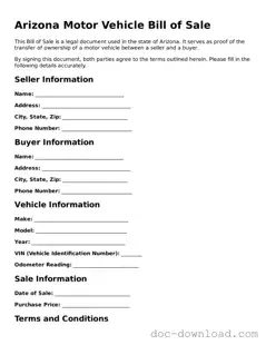 Blank  Motor Vehicle Bill of Sale Document for Arizona
