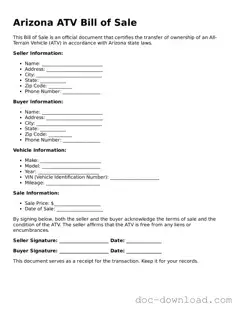 Blank  ATV Bill of Sale Document for Arizona