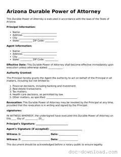 Blank  Durable Power of Attorney Document for Arizona