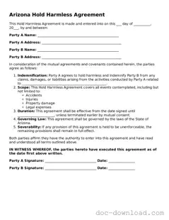 Blank Hold Harmless Agreement Document for Arizona