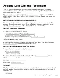 Blank  Last Will and Testament Document for Arizona
