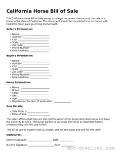 Blank  Horse Bill of Sale Document for California