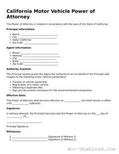 Blank  Motor Vehicle Power of Attorney Document for California