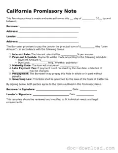 Blank  Promissory Note Document for California