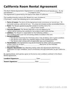 Blank  Room Rental Agreement Document for California
