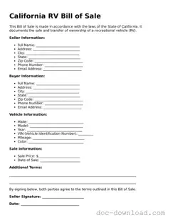 Blank  RV Bill of Sale Document for California