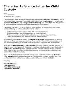 Printable Character Reference Letter for Child Custody Template