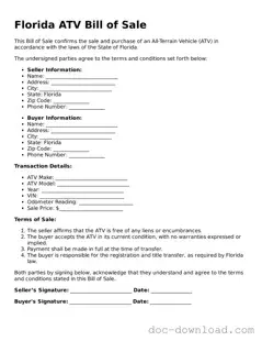 Blank  ATV Bill of Sale Document for Florida