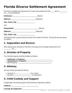 Blank  Divorce Settlement Agreement Document for Florida