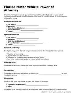 Blank  Motor Vehicle Power of Attorney Document for Florida