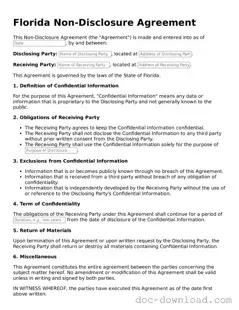 Blank  Non-disclosure Agreement Document for Florida