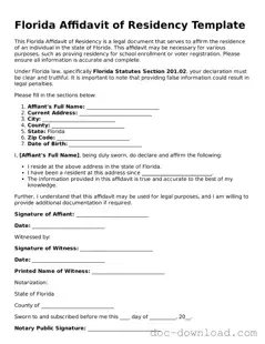 Blank  Affidavit of Residency Document for Florida