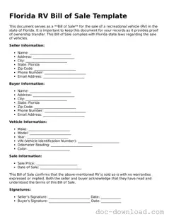Blank  RV Bill of Sale Document for Florida