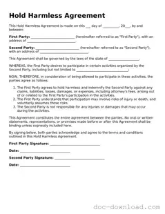 Printable Hold Harmless Agreement Template