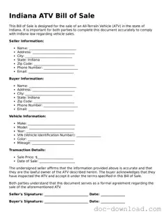 Blank  ATV Bill of Sale Document for Indiana