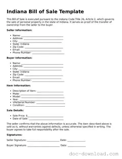Blank  Bill of Sale Document for Indiana