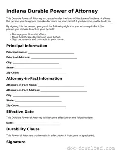 Blank  Durable Power of Attorney Document for Indiana