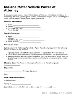 Blank  Motor Vehicle Power of Attorney Document for Indiana