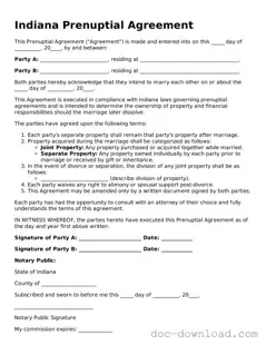 Blank  Prenuptial Agreement Document for Indiana