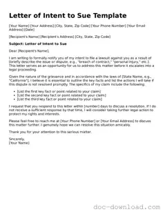 Printable Letter of Intent to Sue Template