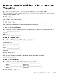 Blank  Articles of Incorporation Document for Massachusetts