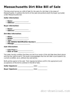 Blank  Dirt Bike Bill of Sale Document for Massachusetts
