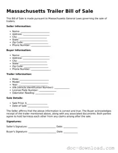 Blank  Trailer Bill of Sale Document for Massachusetts