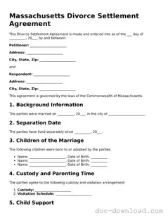 Blank  Divorce Settlement Agreement Document for Massachusetts