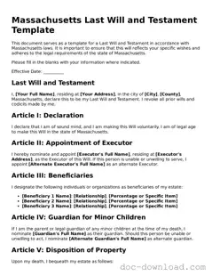 Blank  Last Will and Testament Document for Massachusetts
