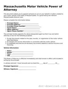 Blank  Motor Vehicle Power of Attorney Document for Massachusetts