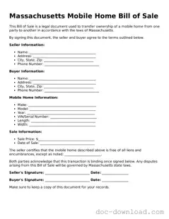 Blank  Mobile Home Bill of Sale Document for Massachusetts