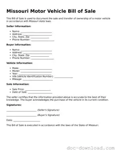 Blank  Motor Vehicle Bill of Sale Document for Missouri