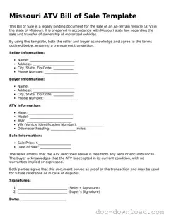 Blank  ATV Bill of Sale Document for Missouri