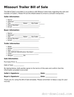 Blank  Trailer Bill of Sale Document for Missouri