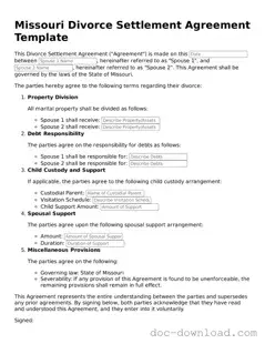 Blank  Divorce Settlement Agreement Document for Missouri