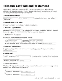 Blank  Last Will and Testament Document for Missouri