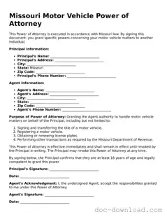 Blank  Motor Vehicle Power of Attorney Document for Missouri