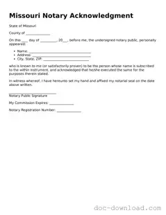 Blank  Notary Acknowledgement Document for Missouri
