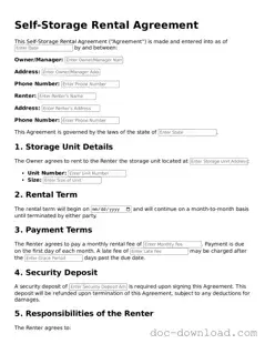 Printable Self-Storage Rental Agreement Template