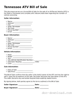 Blank ATV Bill of Sale Document for Tennessee