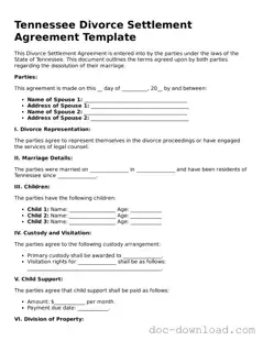 Blank  Divorce Settlement Agreement Document for Tennessee