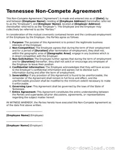Blank  Non-compete Agreement Document for Tennessee