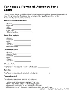 Blank  Power of Attorney for a Child Document for Tennessee